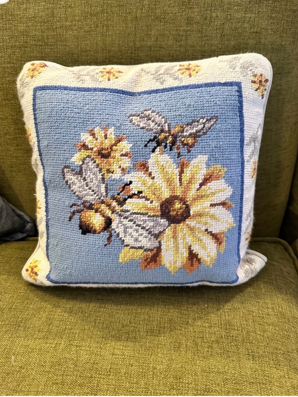 Vintage Handmade Blue Floral Bee Needlepoint Throw Pillow